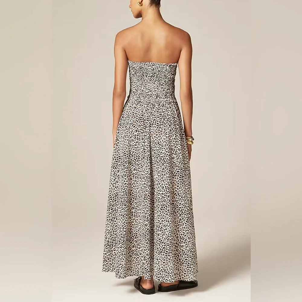 J Crew Smocked Maxi Dress NWT Cotton Voile Black Brown Leopard Print XL